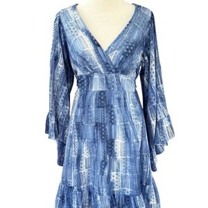 Betsey Johnson Bambi Lace‎ Bell Sleeve Dress Blue White Womens 8 Y2K Hippie Boho